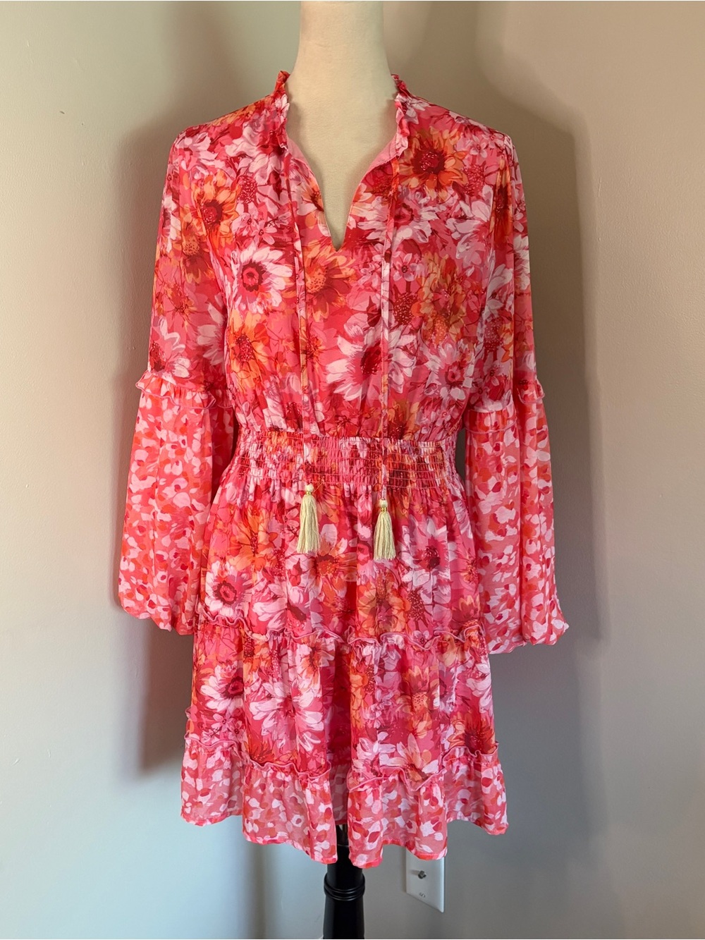 THML Pink and Red Floral Ruffle Dress Balloon Sleeves Lined Sheer Chiffon Medium